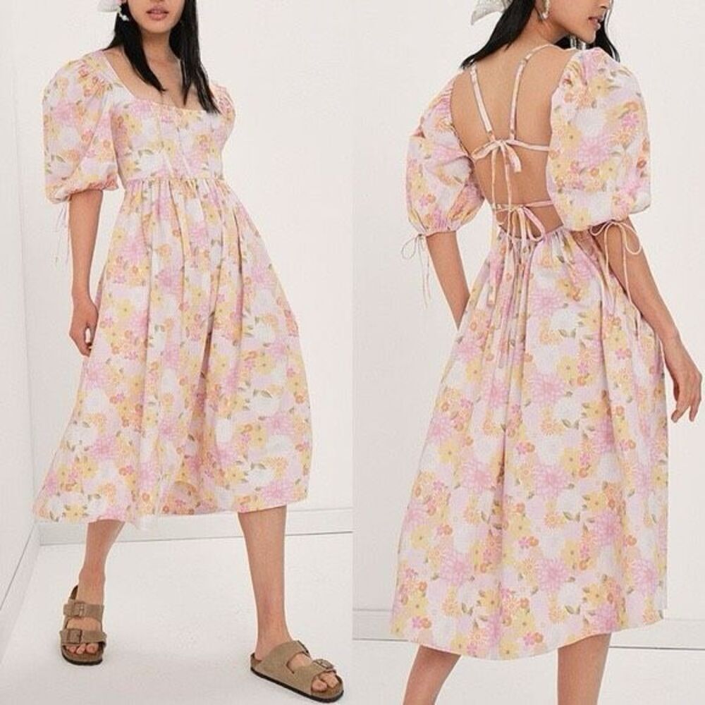 NWT For Love & Lemons Carrie Pink & Yellow Floral Midi Dress Size Small